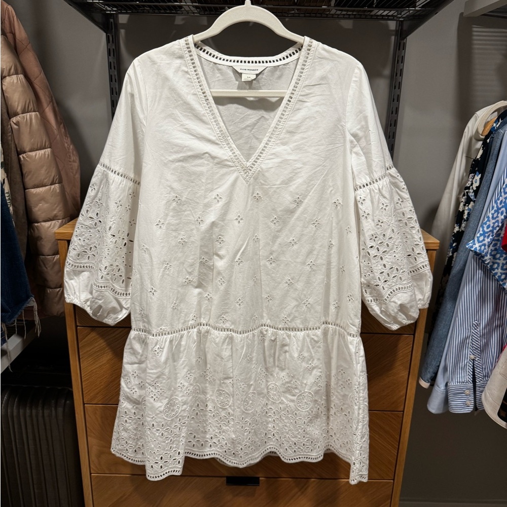 $249 Club Monaco Eyelet Puff Sleeve 100% Cotton White Sundress Mini Dress
